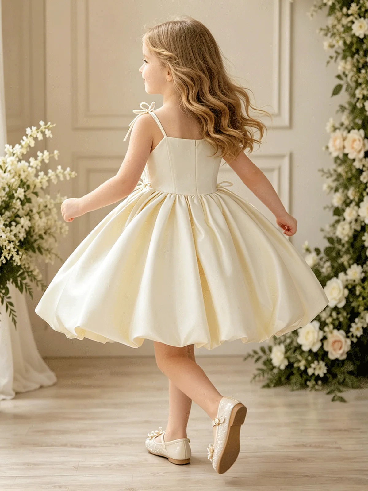 Custom Luxury Dress Female Wedding Guest Gown Girls Spaghetti Strap Multi Bow Satin Flared Wedding Dress Luxurious Birthday