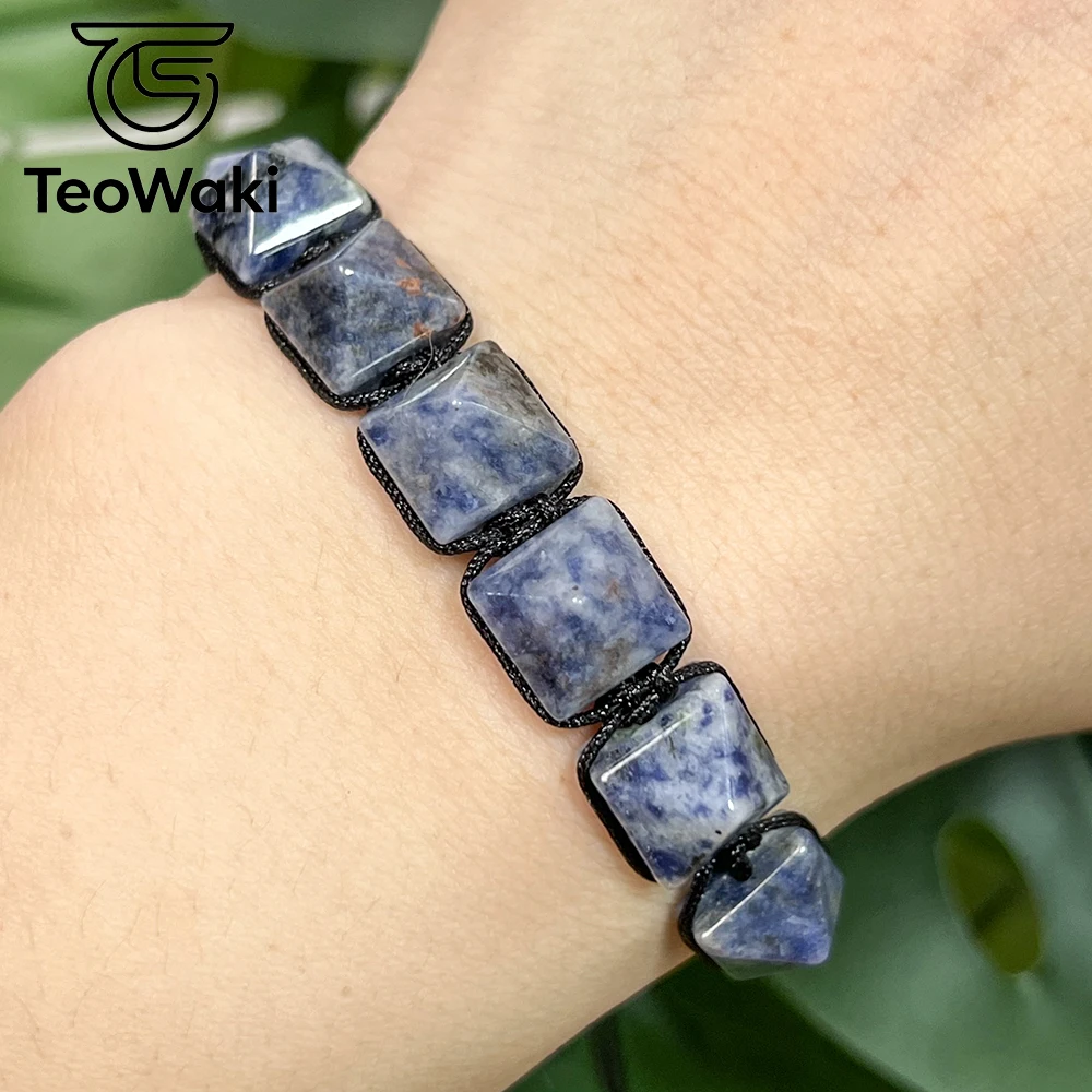TeoWaki Natural Blue Sodalite Pyramid Beads Braided Bracelet Adjustable Geometric Square Stone Bracelet Fashion Jewelry 14+8cm