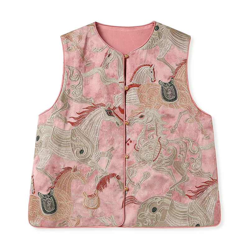 Womens Chinese Style Tangsuit Clothes Luxury Horse Embroider Vest Lady Elegant Hanfu Coat Improved Sleeveless Chesongam Top