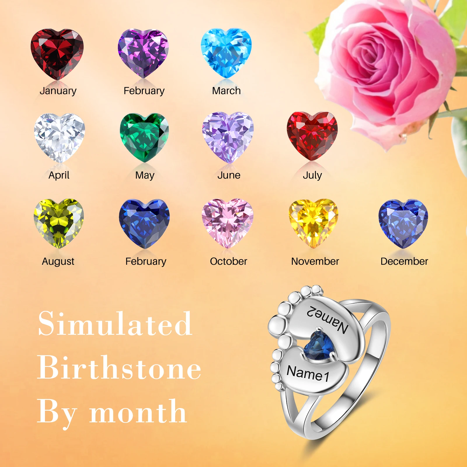 Personalized Baby Feet Engraved Name Rings for Women Customized Heart Birthstone Size Ring Jewelry Gift for Mother Ladies Wife