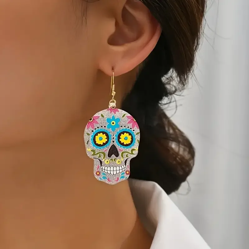 Colorful Skull Design Drop Earrings Mexican Style Unisex Fashion Accessory Cute & Quirky Style Perfect For Cosploliday Gifts