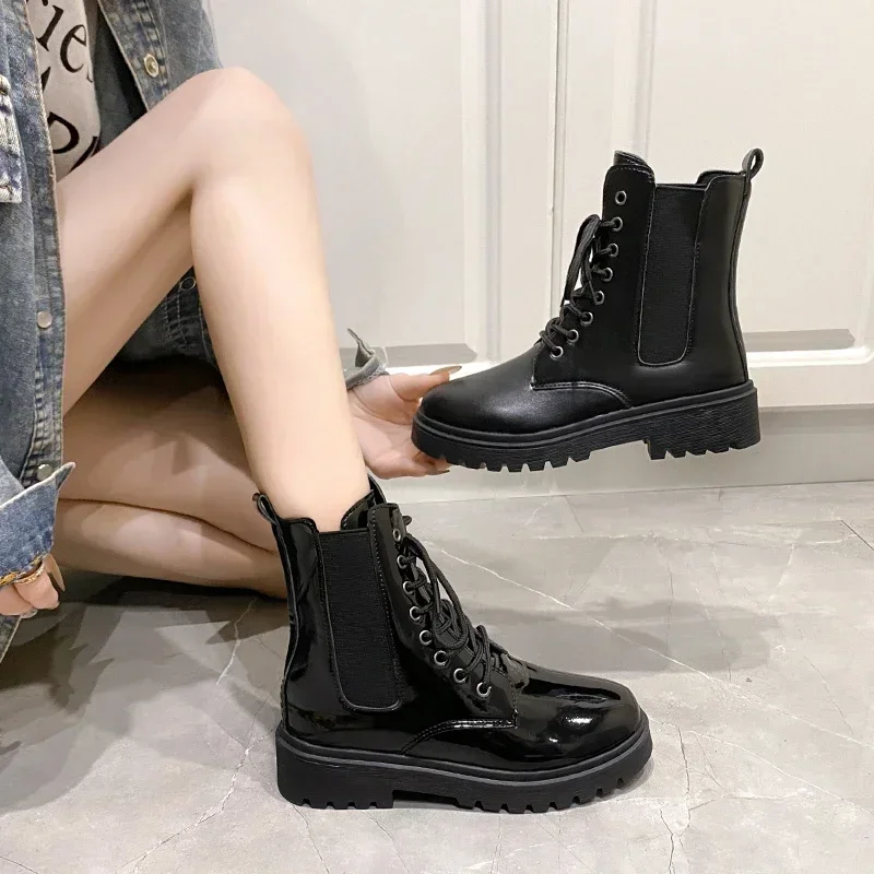 

Pop New Winter Mid-top Thick Heel Round Toe Motorcycle Shoes Comfortable And Fashionable Glossy/matte Women's Boots