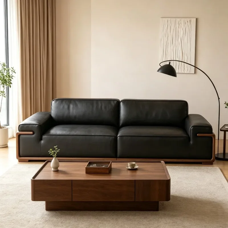 Classic New Chinese Style Solid Wood Living Room Sofas Black Cushion Double Lounge Couch High-end 2 Seater Furniture Accessories