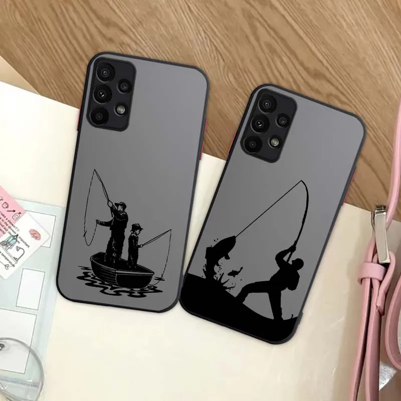 Cartoon Man Fishing Boat For Samsung Galaxy A52 A40S A26 A17 A07 Frosted Translucent Phone Case Cover