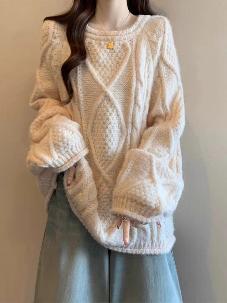 

Ladies Soft Knitted Twist Shoulder Sweater Large Size Winter Warm round Neck Long Sleeve Casual Comfortable Top