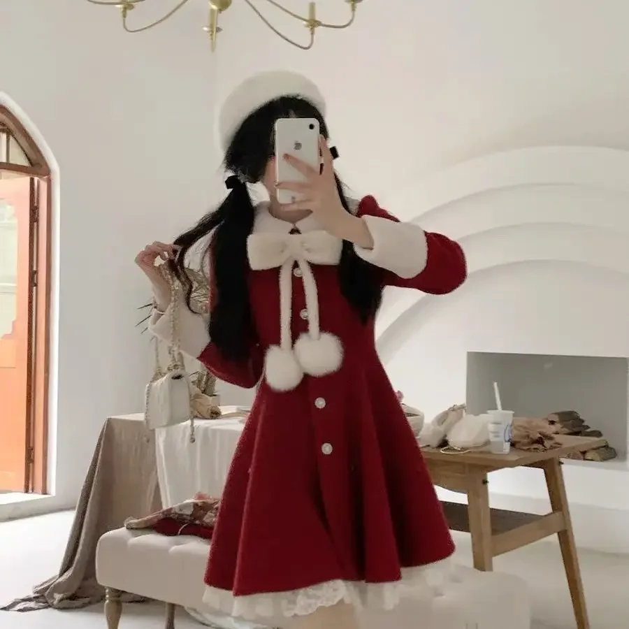 

Autumn and Winter Christmas Carnival Suit 2025 New Year's Robe Sweet Girl Style Plush Bow Dress