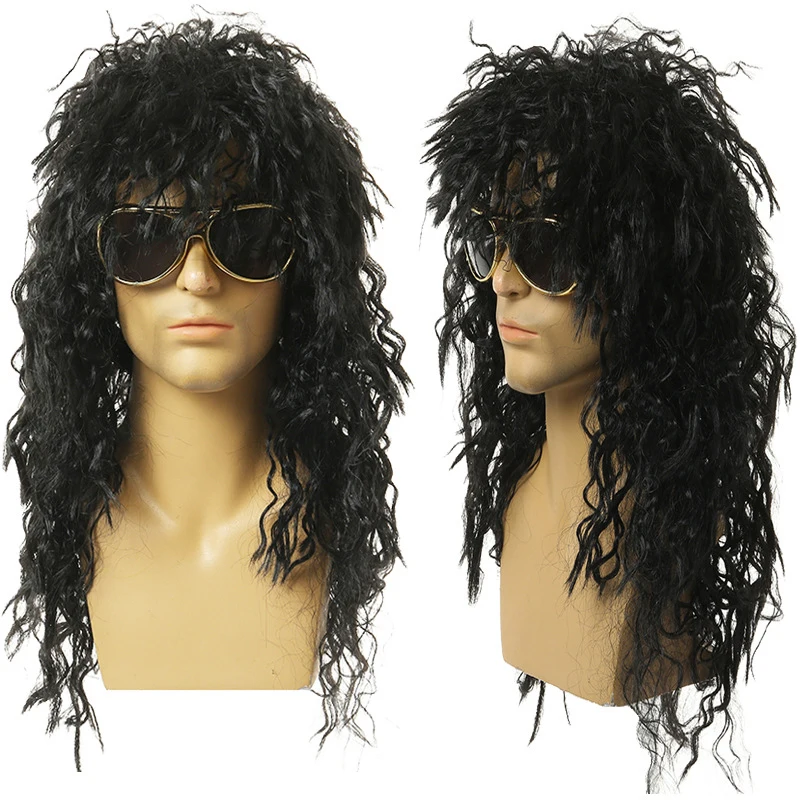 Men Long Curly Wig Black Wig Male Synthetic Cosplay Wigs Puffy High Fiber Machine For Rock Party Fluffy Nightclub Bar Wig