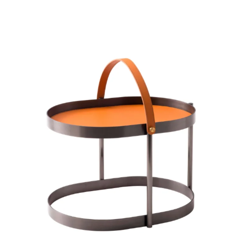 Nordic leather portable side table with orange composite leather border, portable coffee table