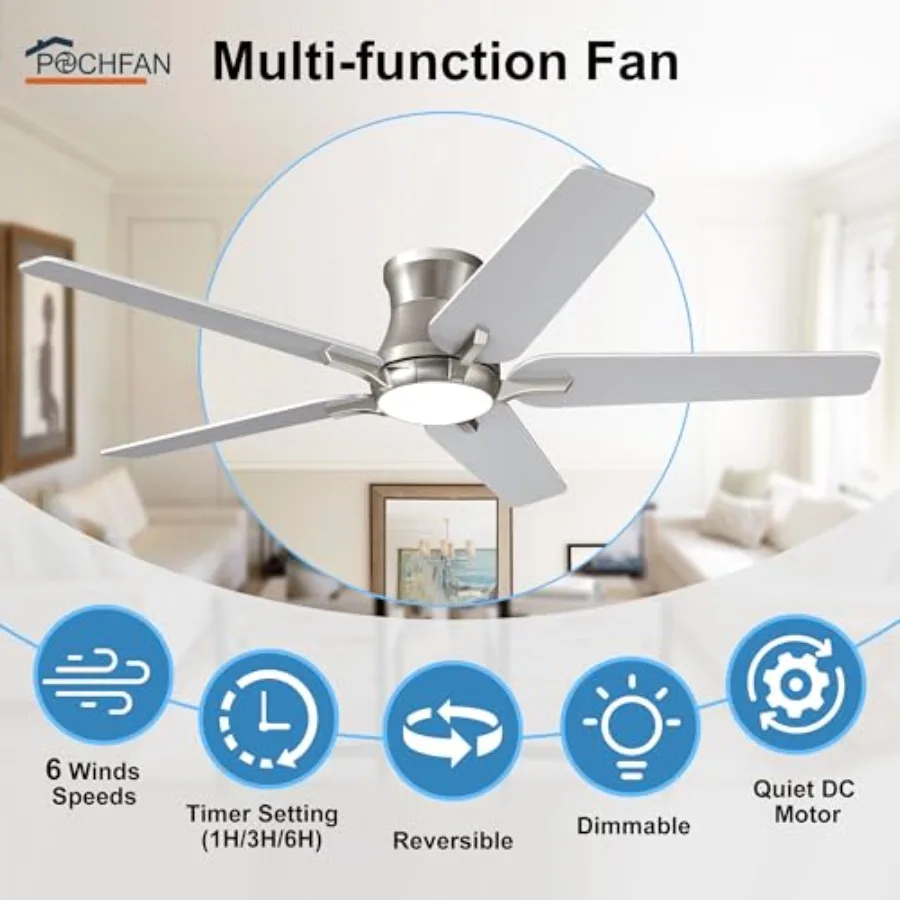 Ceiling Fans with Lights and Remote, Flush Mount Low Profile Ceiling Fan for Bedroom, Living Room, Patio, Dimmable 6 Speeds Noi