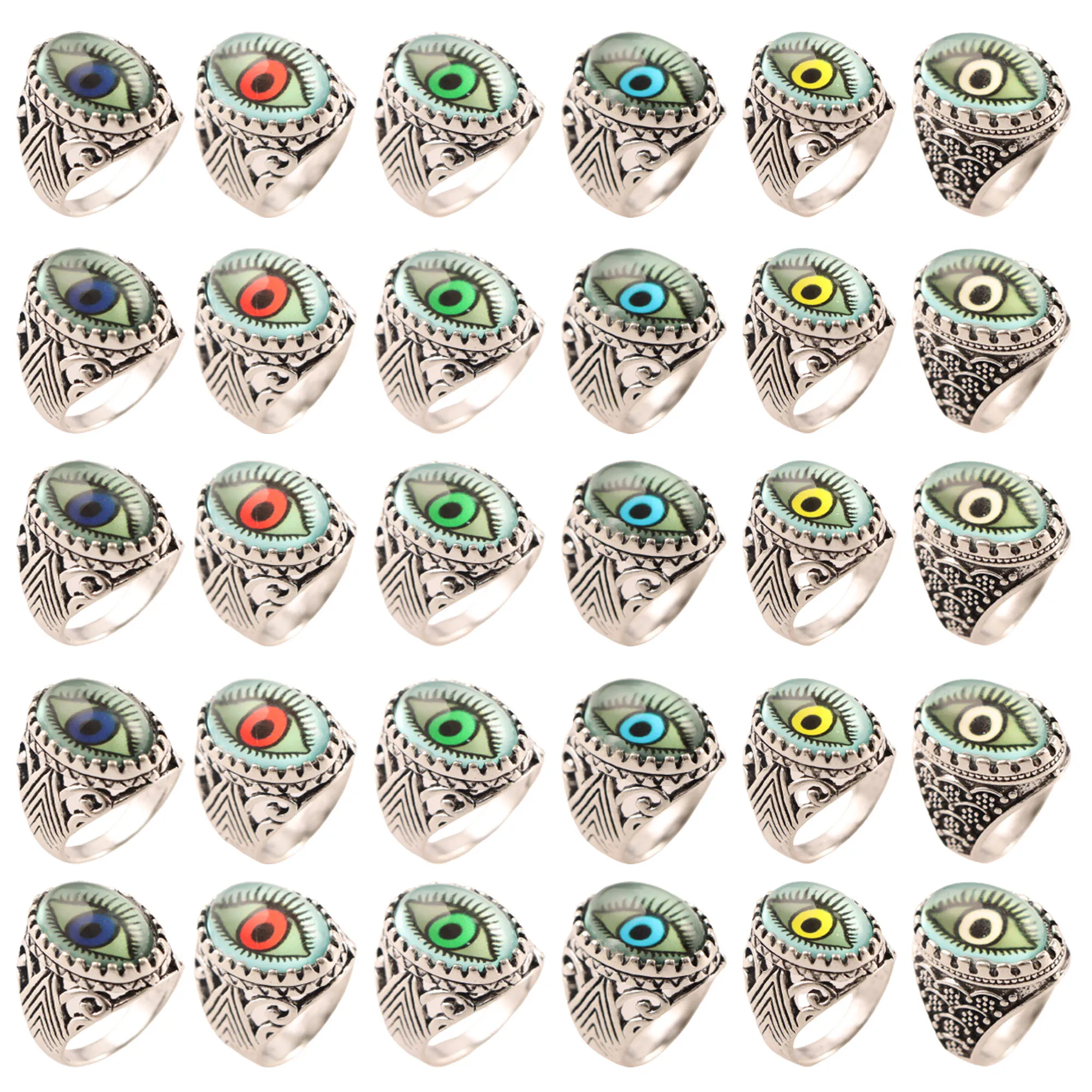 30Pcs/Lot New Retro Gothic Colour Evil Eye Jewelry Ring For Men Women Vintage Punk Hip Hop Dragon Claw Adjustable Fashion Gifts