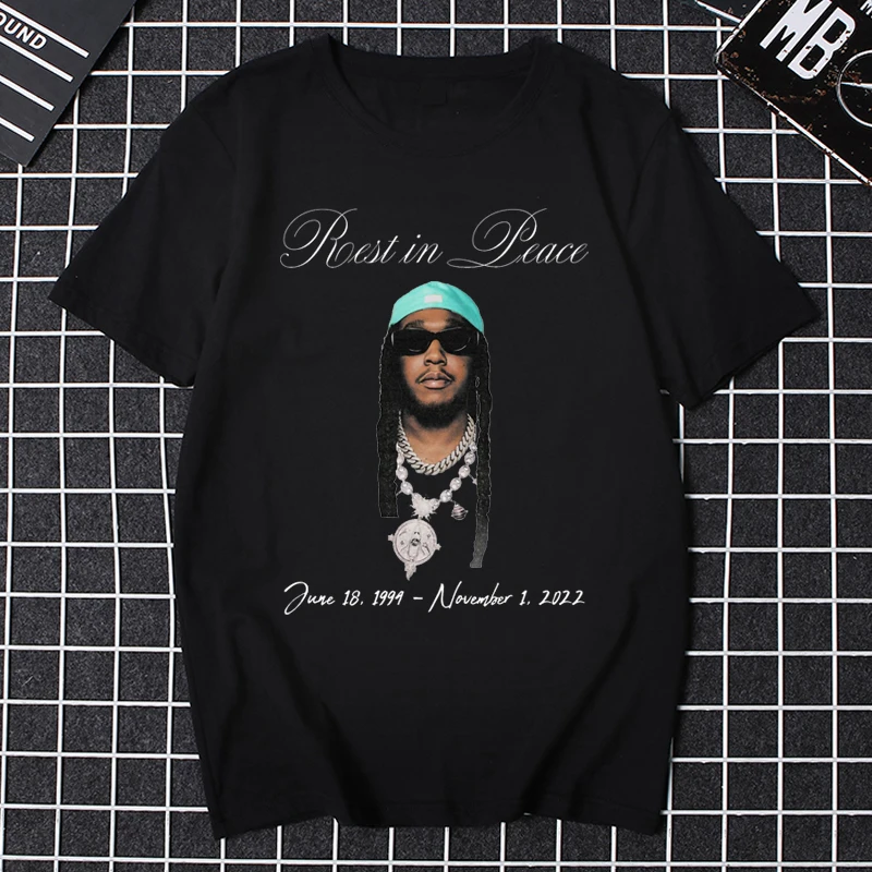 Men's RIP Takeoff Rest in Peace Customized T-Shirt Hand-Painted Design Rap Music Theme Fashionable Casual Wear