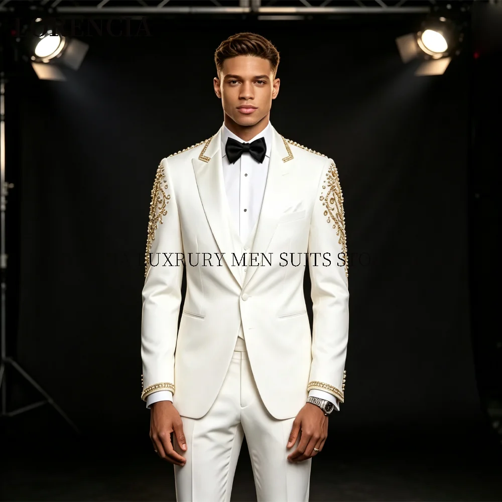Customized Diamond Jewelry Tuxedo Men Suit Handmade Rhinestone Male Prom Blazers 3 Pieces Set Evening Groom Crystal Ropa Hombre
