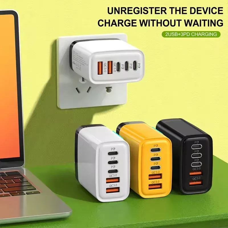 شاحن سريع Xiaomi 240W GaN مع ضوء LED 2USB + 3TypeC رأس شحن هاتف متعدد المنافذ لهاتف iPhone وسامسونج وشاومي/الكمبيوتر المحمول/الأجهزة اللوحية