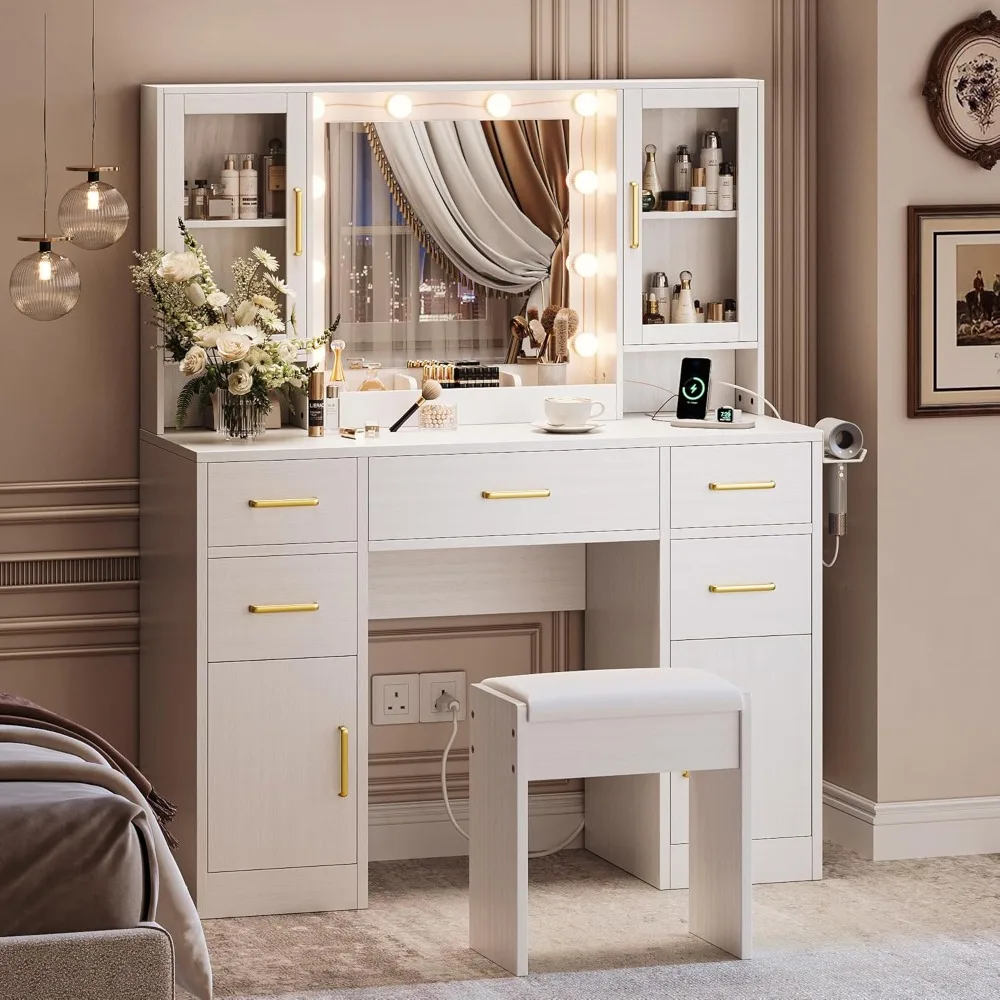 

Makeup Vanity Desk with Mirror and 10 Lights, 44.9" Makeup Table with Power Outlet, Large Vanity Desk with Storage Shelf & 5 Dra