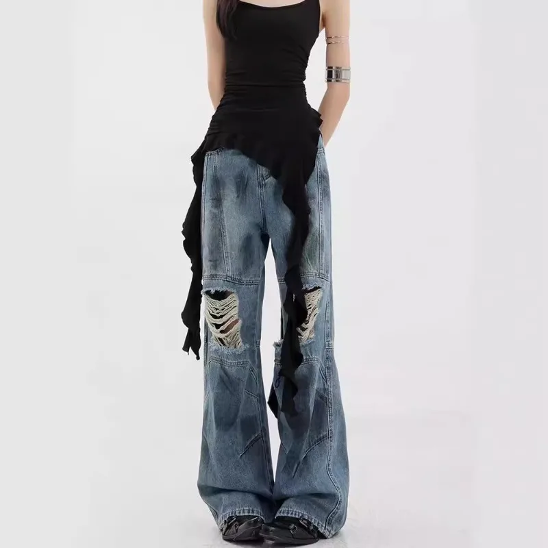America Retro Ripped Jeans for Women Vintage Wasteland Denim Jeans Men Gothic Baggy Pants Y2K Women Clothing Unisex