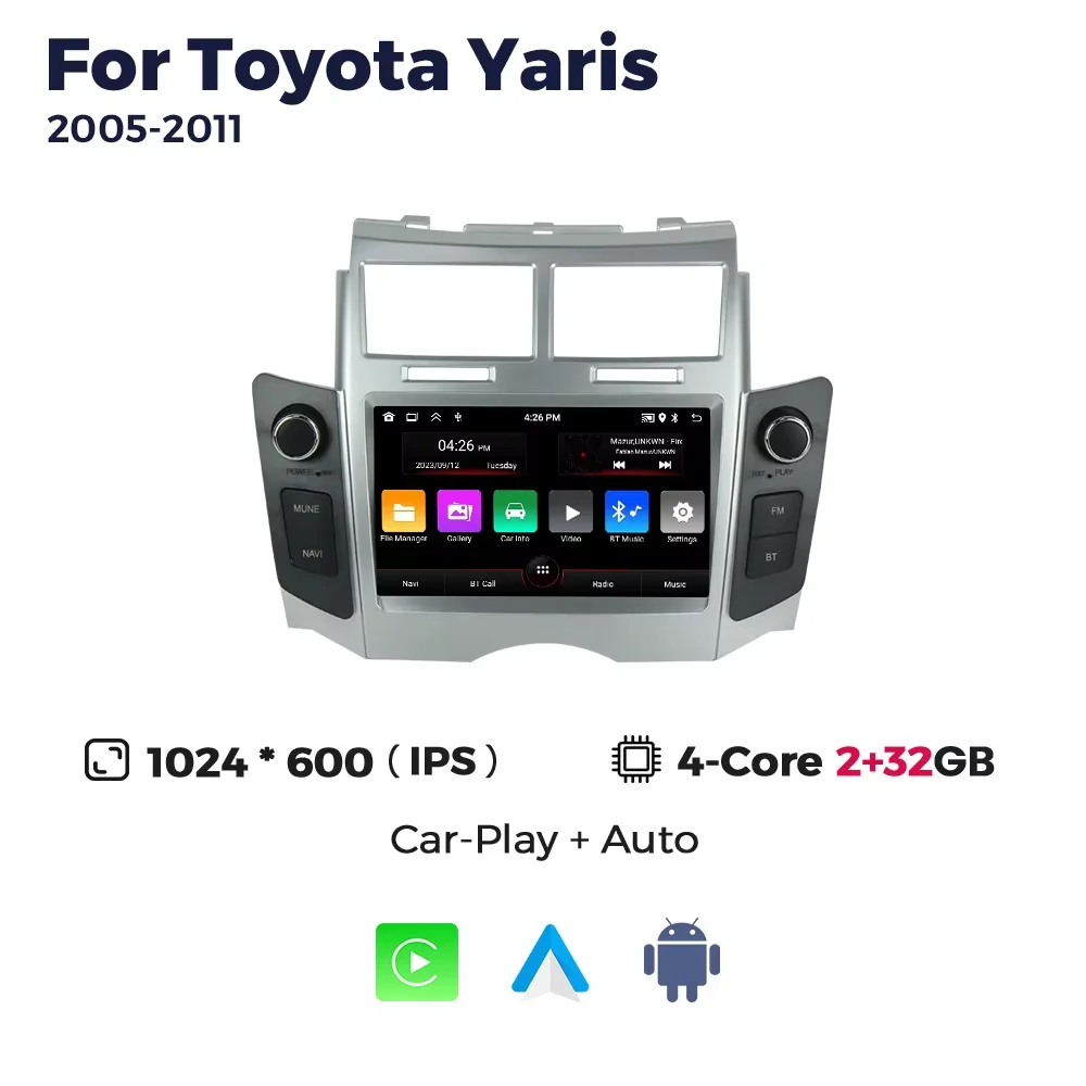 2DIN Android 13 For Toyota Yaris XP90 Vitz Platz 2005 - 2012 Stereo Wireless CarPlay Android Auto Car GPS Radio Head Unit WiFi