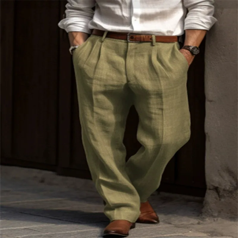 

Men's cotton long pants with double-pleated front pockets, straight, solid color, comfortable, breathable, casual and everyday b