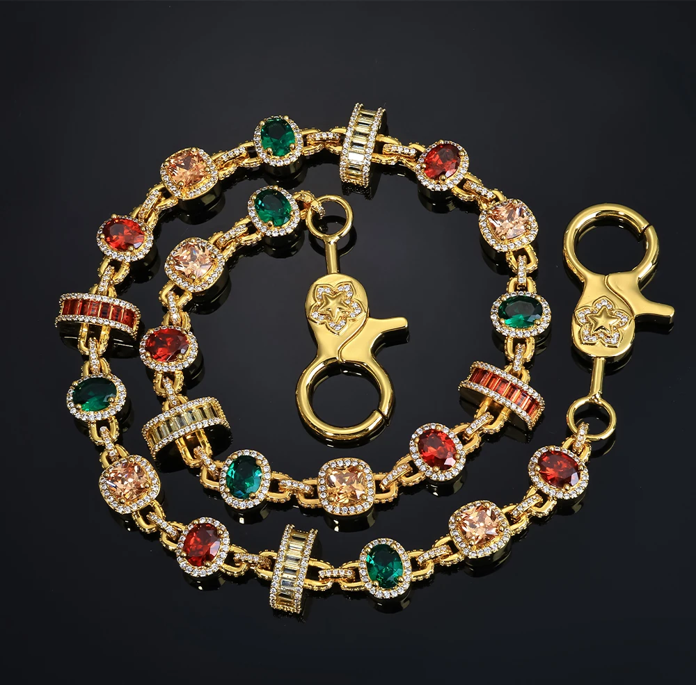 ESKEEM New Arrival Hip Hop Jewelry Colored Zircon Waist Chain Geometric Design Wallet Jeans Link Keychains for Women