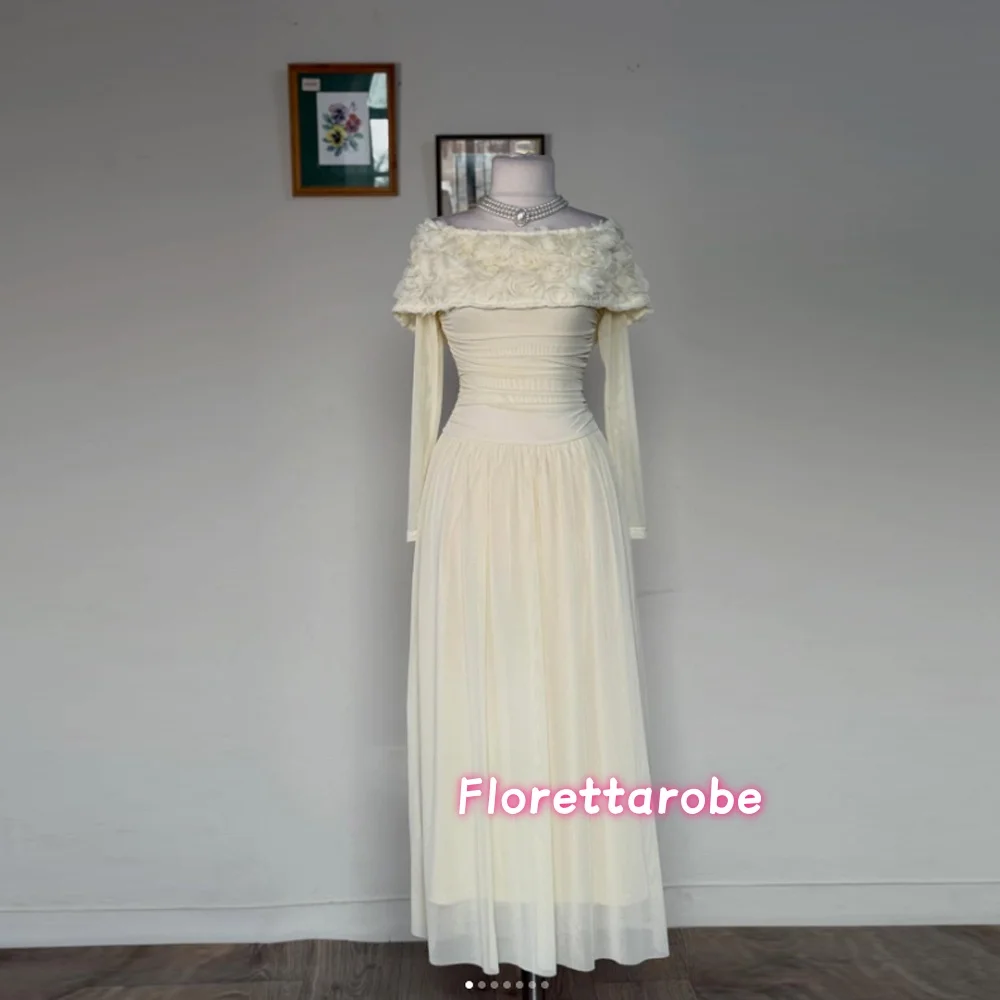 

Chic Chiffon Evening Dresses Flowers Off The Shouler Full Sleeves Party Dress A-Line Prom Gowns Customized