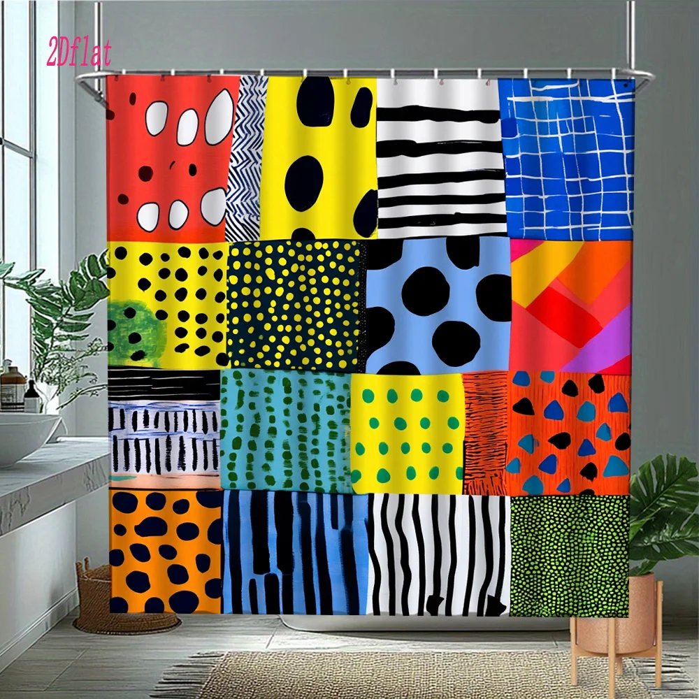 Modern Pop Art Patchwork Shower Curtain, Mixed Dots Stripes Grid Art Print, Machine Washable Bathroom Shower Decor Curtain