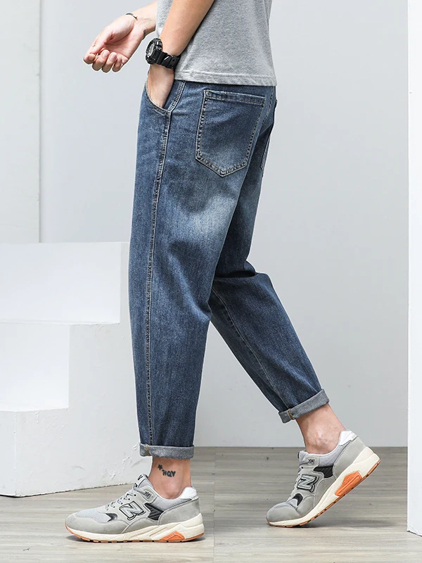 Men's Slim Fit Elastic Denim Jeans Harlan Nine Points Spring Summer Style Versatile Casual mid Waist Zipper Straight Leg