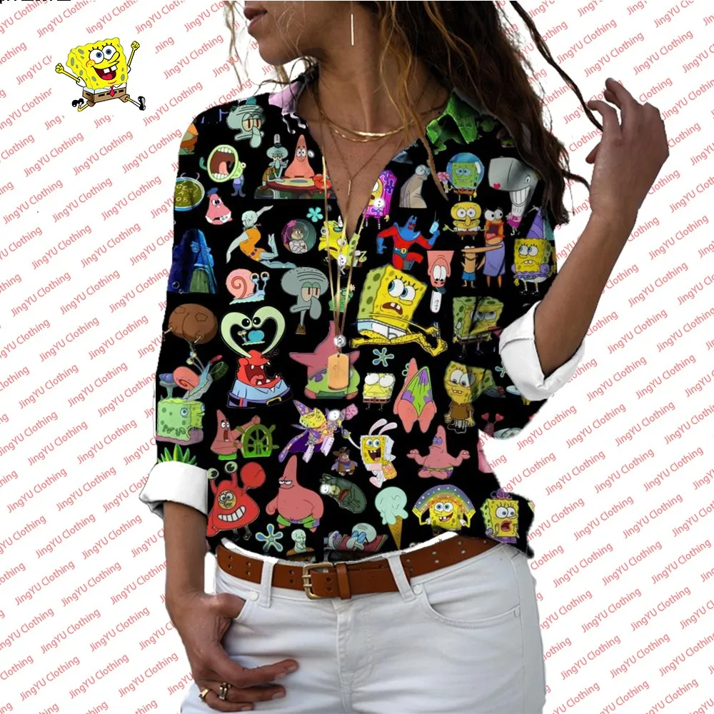 Summer casual shirt SpongeBob cartoon shirt comfortable and versatile new style trendy women\'s lapel long-sleeved shirt