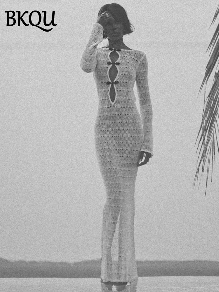 BKQU Hollow Out Knitted Maxi Dress Women Sexy Backless Lace Up Slit Evening Gown See Through Elegant Party Cover Up Long Dresses