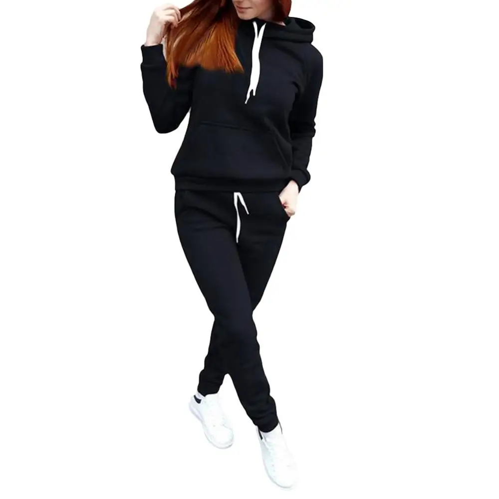 Women Solid Color Long Two-piece Sports Tracksuit Sleeve Hoodies Sweatpants Set