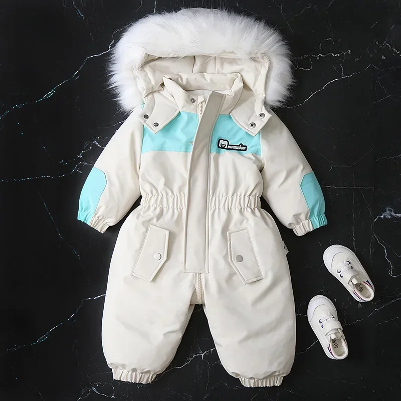 2024 Winter Kid\'s Ski Clothing Girls Snowsuit 2-5 Y Warm Overalls Boys Thicken Fur Lining Hooded Jumpsuit Children\'s Outwear