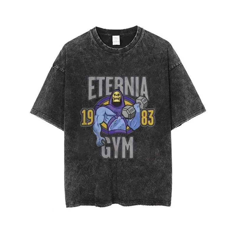 

100% Cotton Washed T-Shirt Masters of The Universe Eternia Gym Skeleton Print Graphic Men T Shirt Summer Short Sleeve Clothes