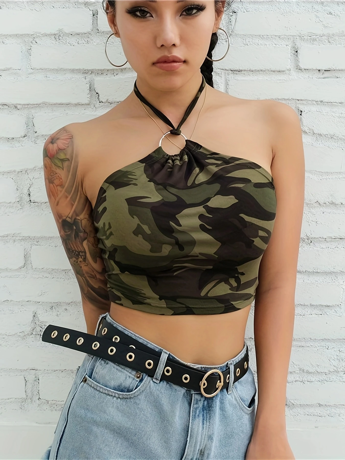 Europe And The United States Camouflage Print Small Halter Vest Female Summer Crop Back Sexy Halter Sleeveless Blouse Female