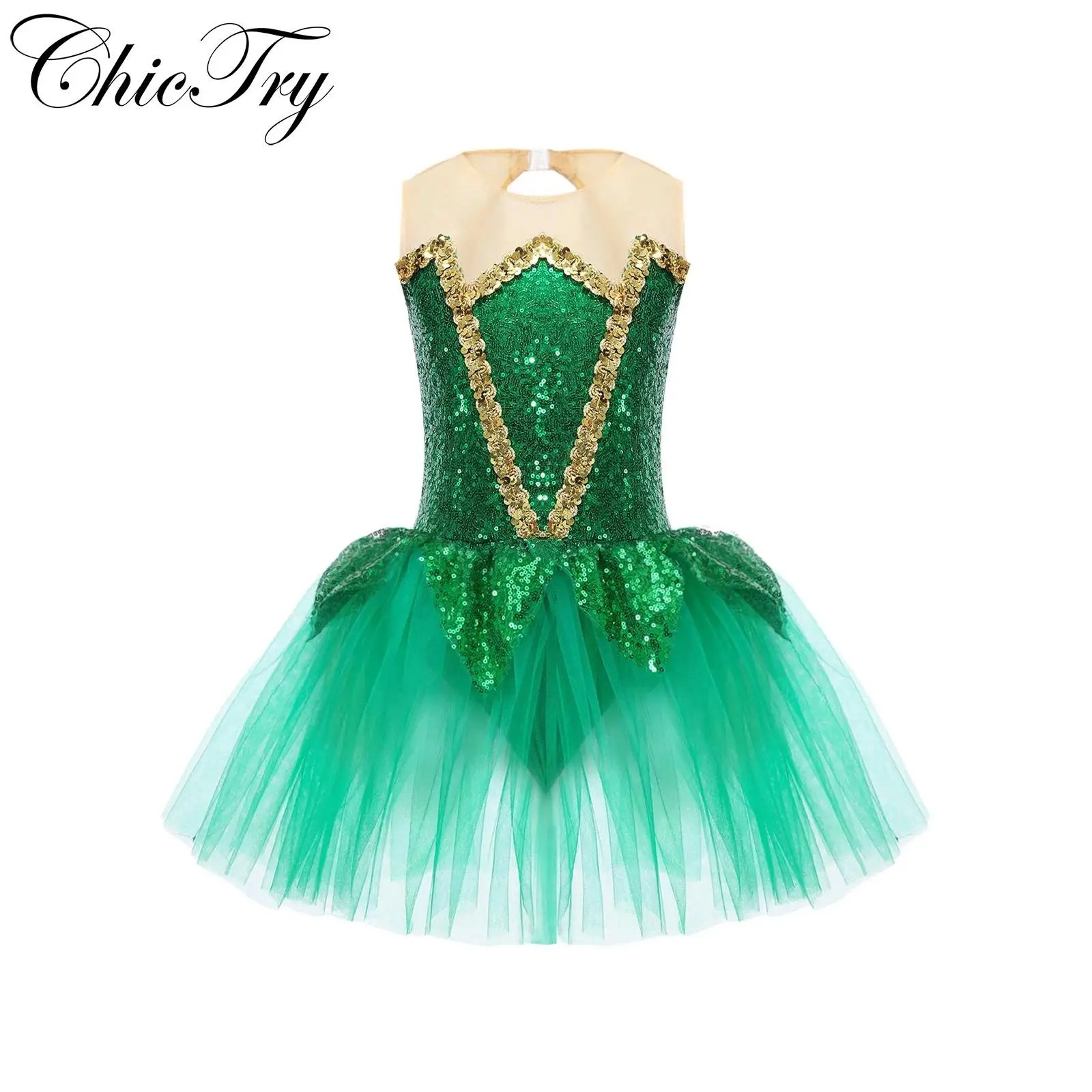 

Kids Girls Ballet Dance Dress Green Sequins Halloween Elf Mesh Tutu Gymastics Leotard Figure Skating Dancewear Stage Costume