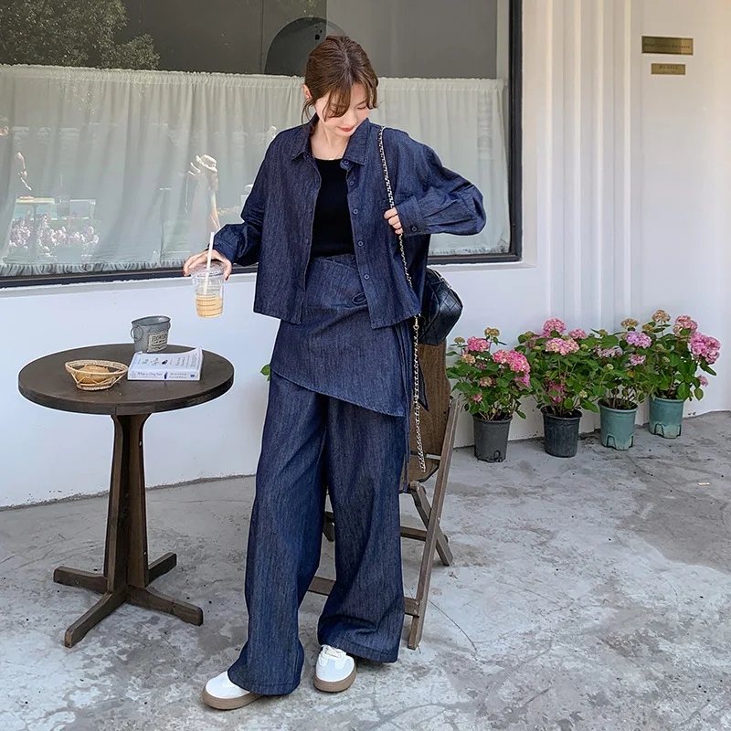 

SuperAen Denim Set Women's Spring and Autumn Loose Shirt Jacket Waist Wide Leg Pants Two Pieces Set