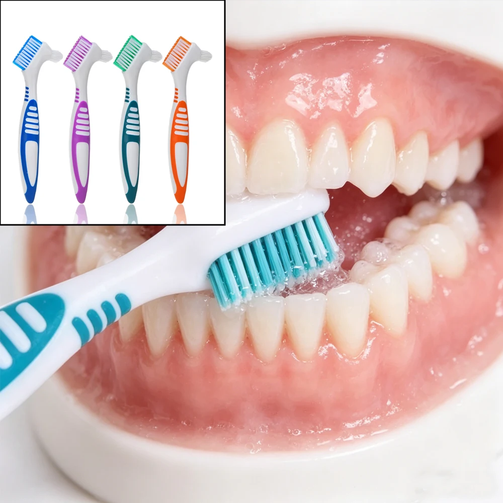 

Denture Cleaning Brush for False Teeth Oral Care Non Slip Rubber Handle Dual Head Antibacterial Bristles Dental Hygiene Tool