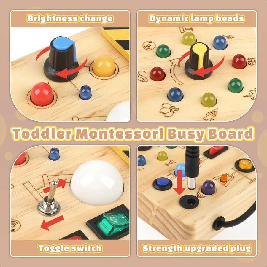 Joyreal Montori – planche occupée, jouets sensoriels en bois pour tout-petits, avec interrupteur lumineux LED, planche Fidget pour bébé, jouets de voyage pour 18 ans et plus mois