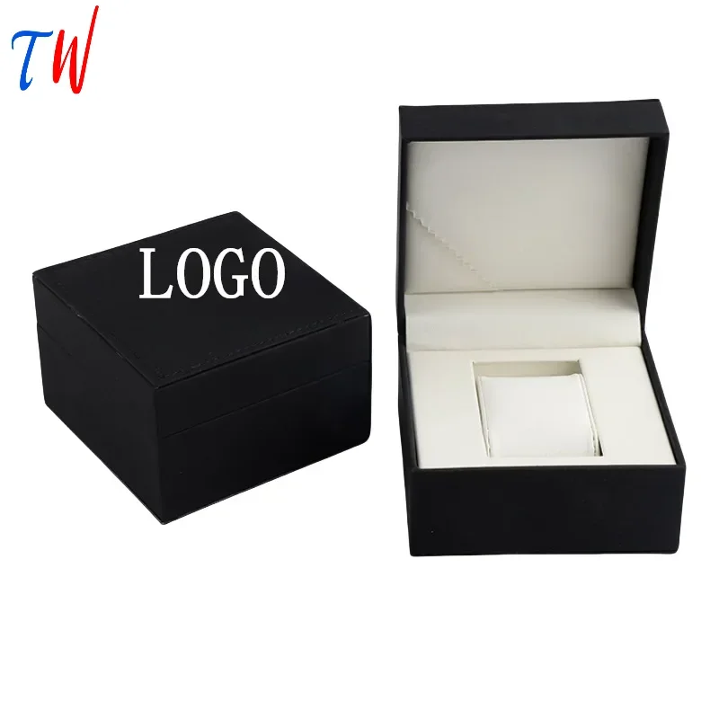 High-end Smooth Black White Inside PU Leather Watch Case Storage Business Packaging Box Surface Free Customization Logo OEM