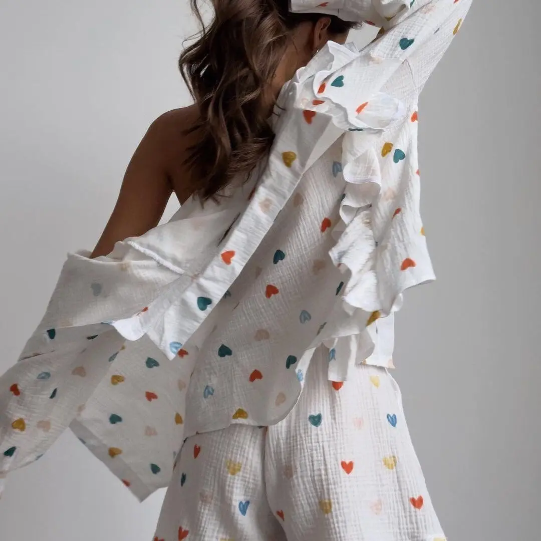 

Домашняя одежда, женская пижама с отложным воротником, ночная рубашка с длинными рукавами, шорты, повседневная женская одежда для сна с принтом, костюм из двух предметов