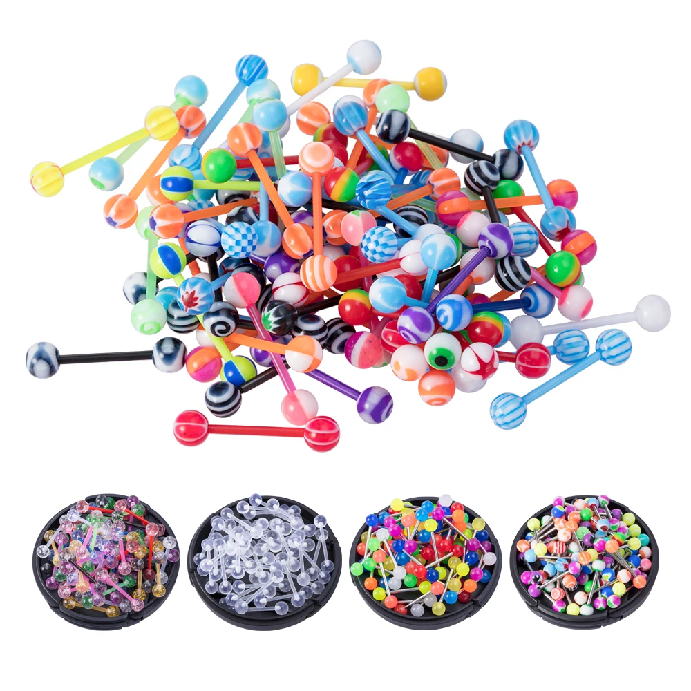 10PCS Bioflex 16mm Acrylic Ball Tongue Rings Retainer Flexible Tongue Piercing Bar Random Colors Pattern 14 Gauge