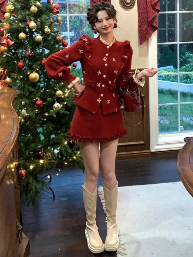 الفرنسية أنيقة الرجعية الأحمر 2 قطعة مجموعات النساء صالح شيك القوس سترة + تنورة صغيرة الشتاء خمر الحلو عيد الميلاد موضة وتتسابق 2025 #4