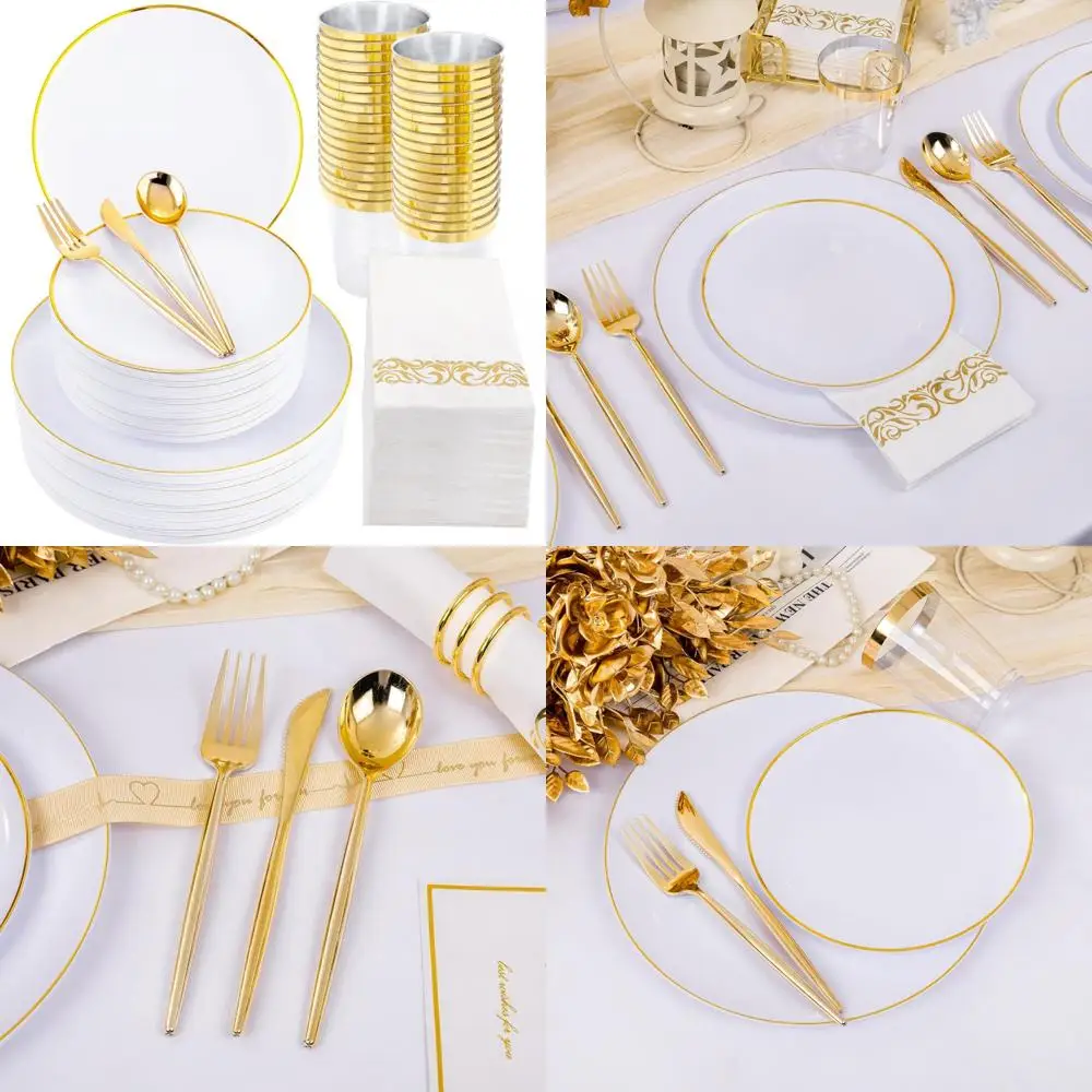 

Белый и золотой набор столовой посуды для 10–50 обеденных тарелок, 50 десертных тарелок, 150 золотых пластиковых тарелок, идеально подходит для вечеринок и Spe
