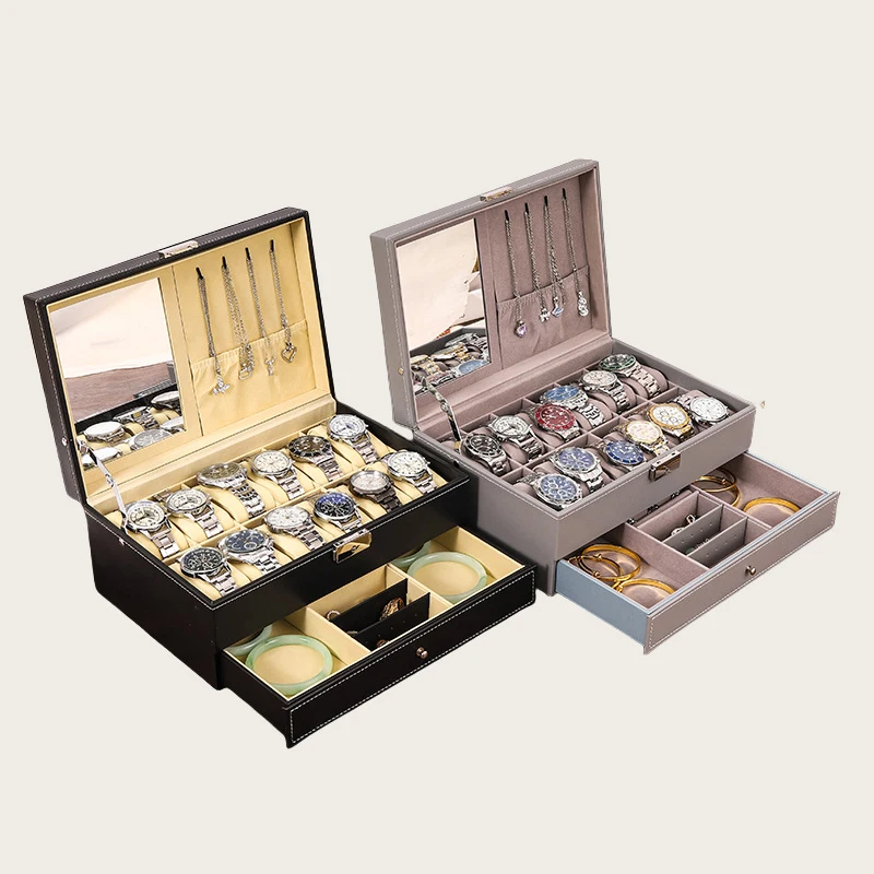 

VANSIHO Multi-Functional Double-Layer Watch And Jewelry Storage Box With Mirror Earrings Bracelets And Rings storage box