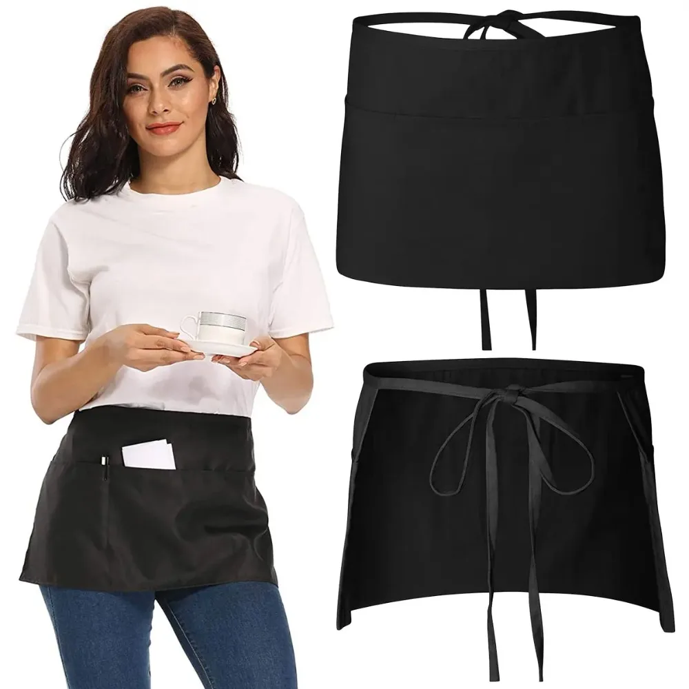 

Polyester Waist Apron Short Aprons with 3 Pockets Waterproof Half Apron Black Antifouling Server Apron Restaurant