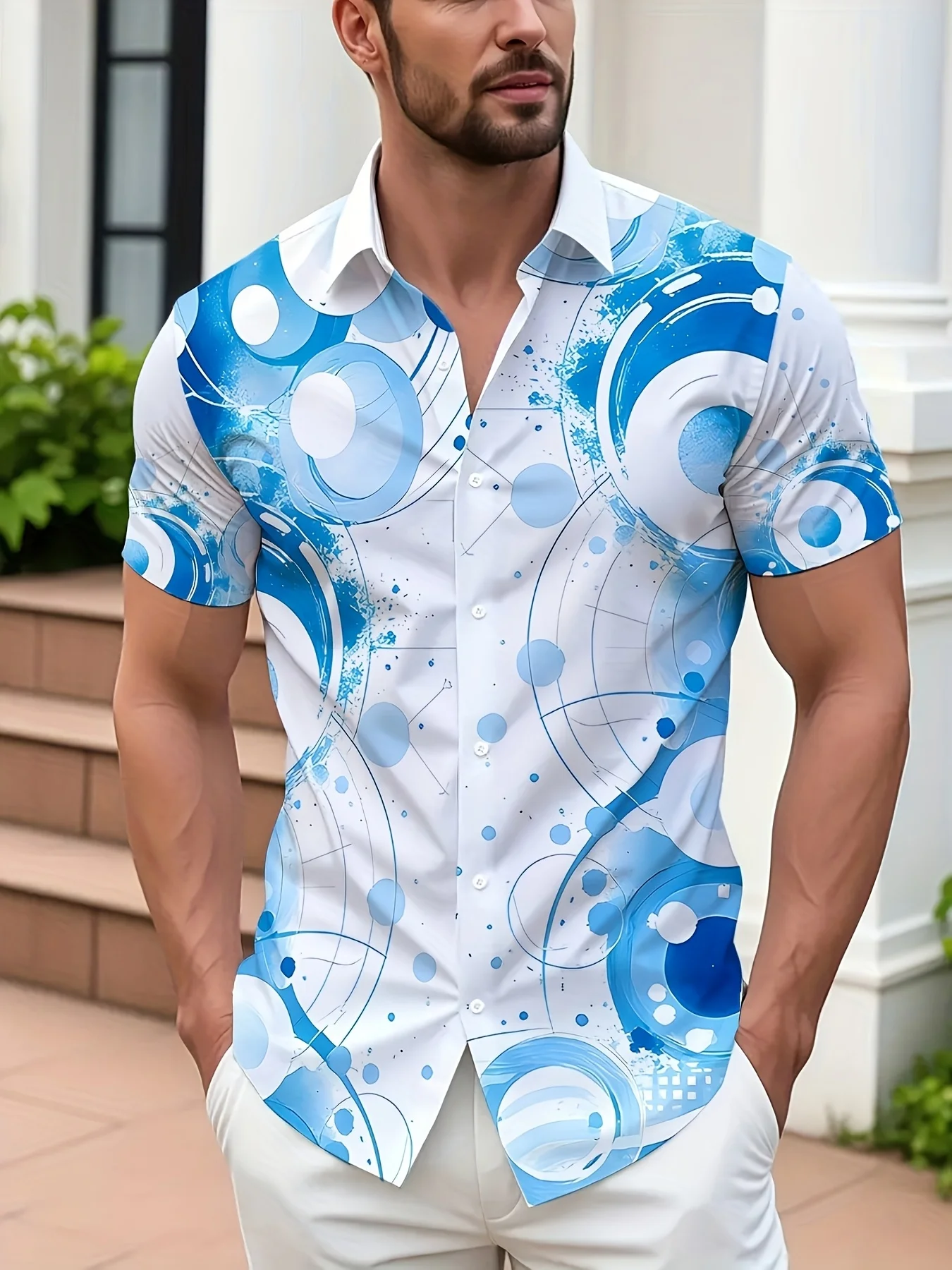 Men's Shirt Blue Planet Cosmic Circle Print Short Sleeve Lapel Button Shirts Summer Beach Vacation Casual Tops Men Clothing
