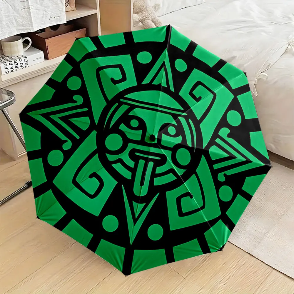 Aztec Inspired Green Tribal Pattern Umbrella Compact Fashion Folding Umbrella for Daily Use, Christmas Gift