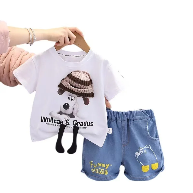 Cartoon Toddler Infant Summer Short Sleeve T-Shirt+Jeans Shorts 2 Piece Suit Baby Boys Clothes Kids 1-5T Sport Casual Outfits