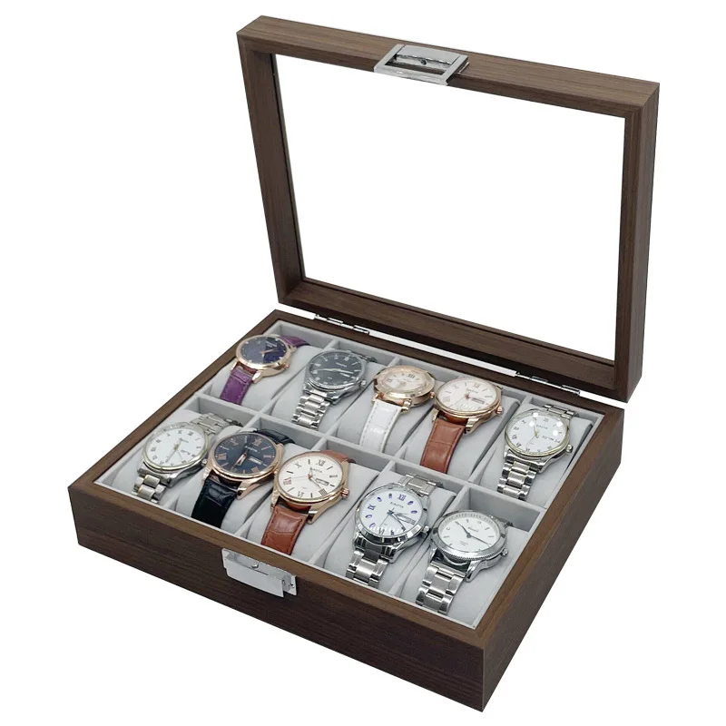 

WELLZONE 10-слотовая деревянная коробка для часов большой емкости из цельного дерева в стиле ретро, новый стиль, чехол для хранения часов со стеклянным мансардным светом