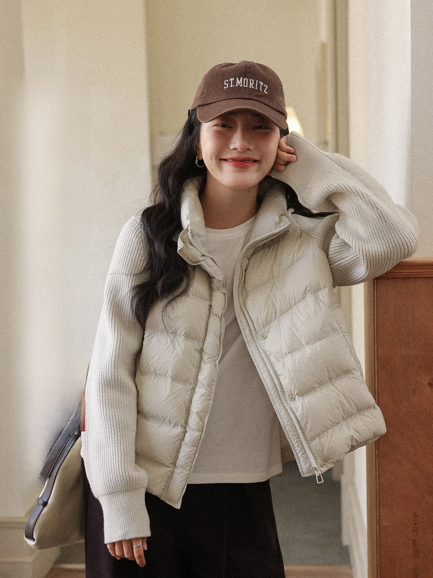 

Lightweight Bread Sle Du down Jaet Women's Winter Coat Knitted Splice Rib Bone Feather Jaet Casual Sle Zipper Closure