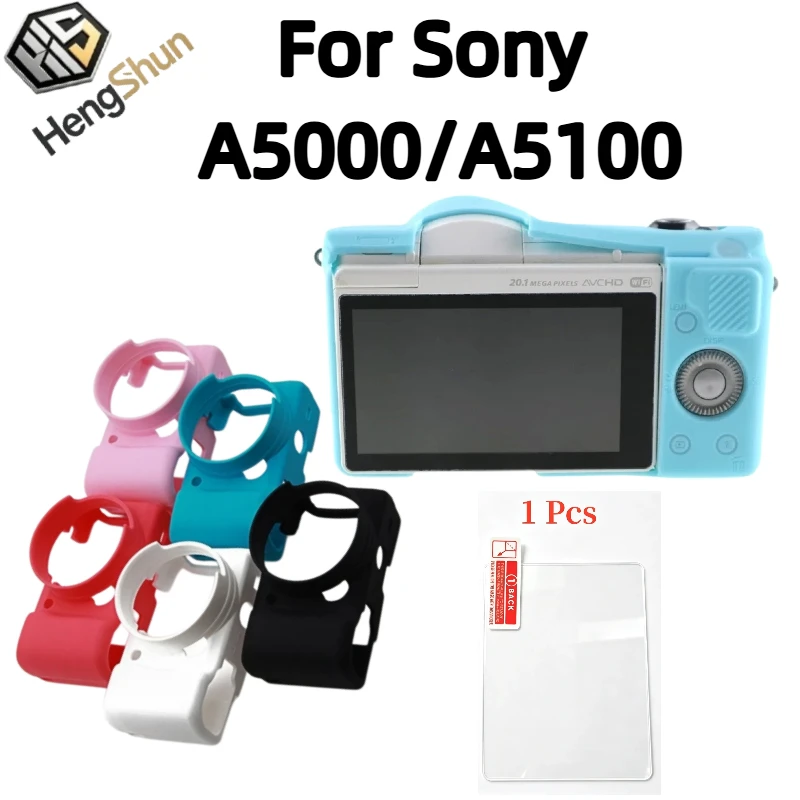 For Sony A5000 A5100 Soft Silicone Camera Case Shock‑Proof Anti‑Scratch Protective Cover + Free Tempered Glass Screen Protector
