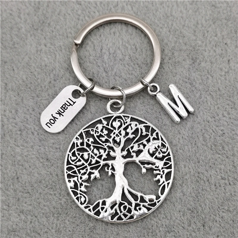 Fashion A-Z Letter Thank You Charm Tree of Life Pendant Keychain for Women Men Family Lover Bag Car Keyring Gifts