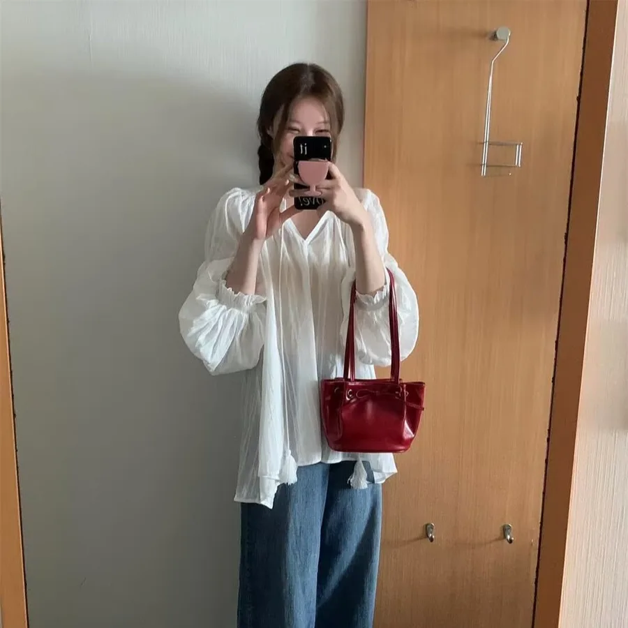 

Loose Women's Shirt V-Neck Lantern Sleeve Pure Color Belted Lazy Style Versatile Casual Fashion Summer Sun Protection Thin